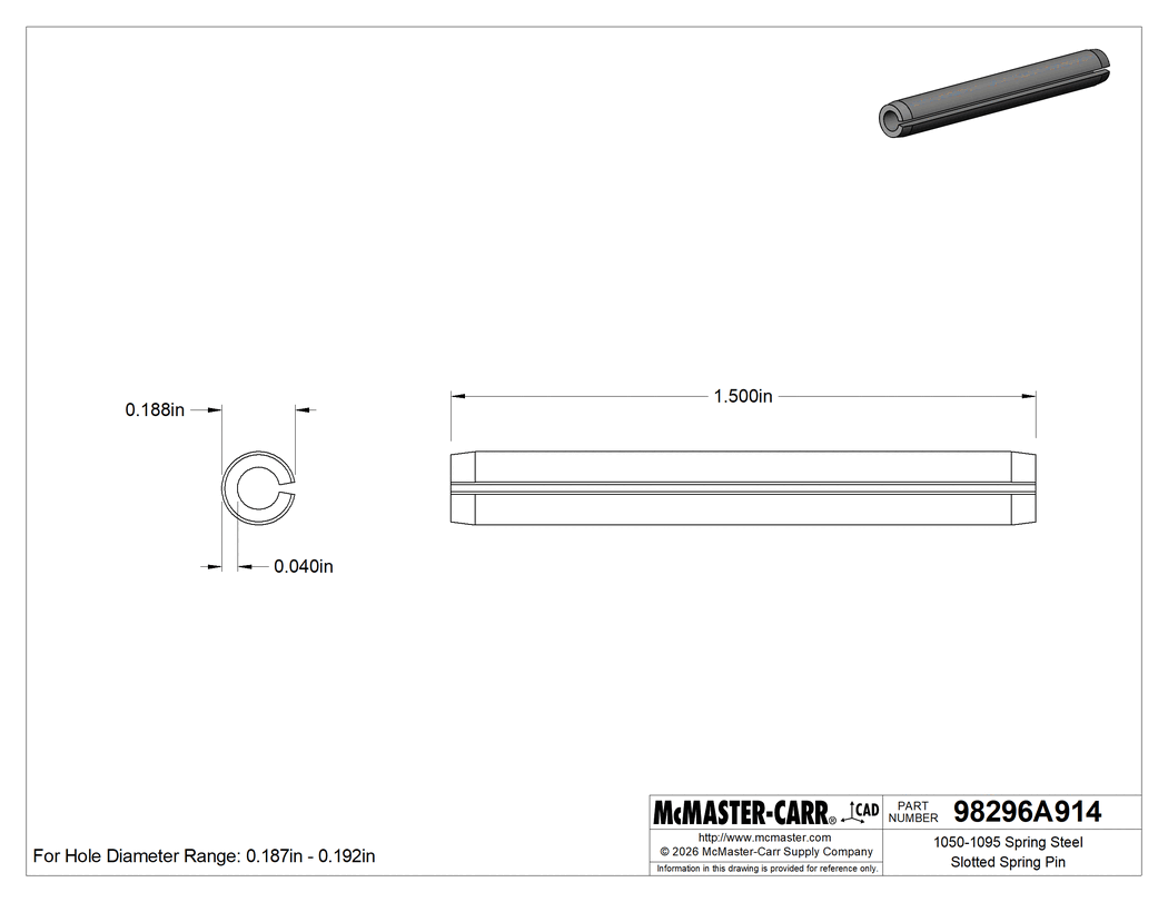 Technical Drawing of 1050-1095 Spring Steel Slotted Spring Pin, 3/16" Diameter, 1-1/2" Long.